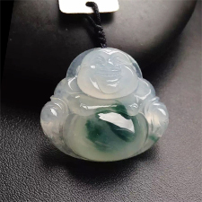 繁花崢嶸天然緬甸A貨翡翠老坑冰種飄藍花彌勒佛公掛件